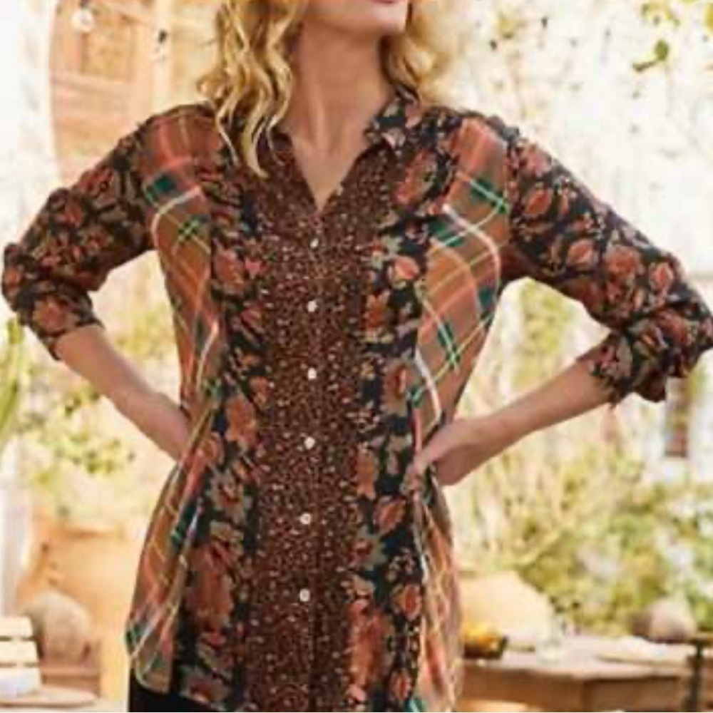 Soft Surroundings Icon Mixed Print Long Sleeve Button Down Shirt, Brown, Size M